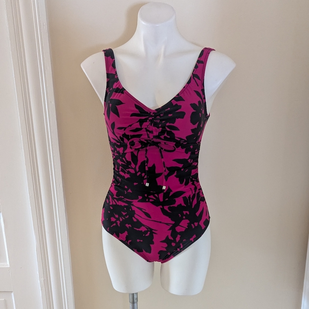 Aqua Green black and pink floral print one piece bathing suit size S